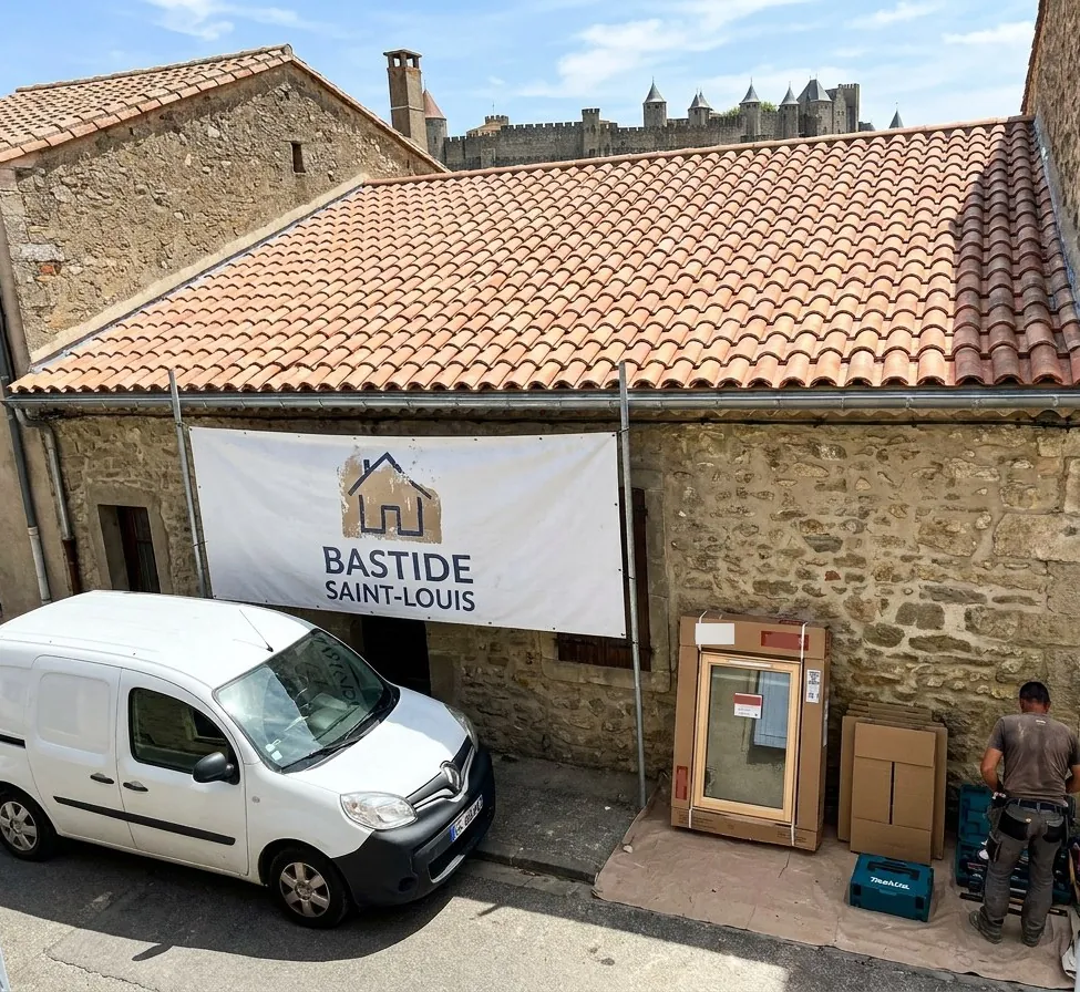 Maison en pierre à Carcassonne après réfection de la toiture en tuile canal, bâche Bastide Saint-Louis sur la façade et Cité au loin